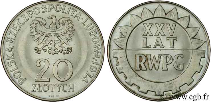 POLONIA 20 Zlotych aigle / 25e anniversaire du Comecon 1974 Varsovie BB 