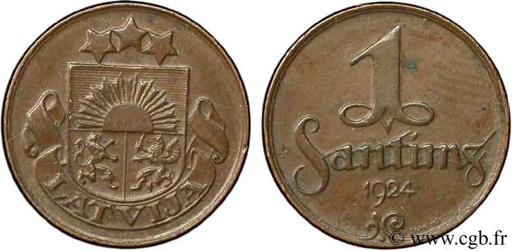 LETONIA 1 Santims emblème 1924 Huguenin, Le Locle, Suisse EBC 
