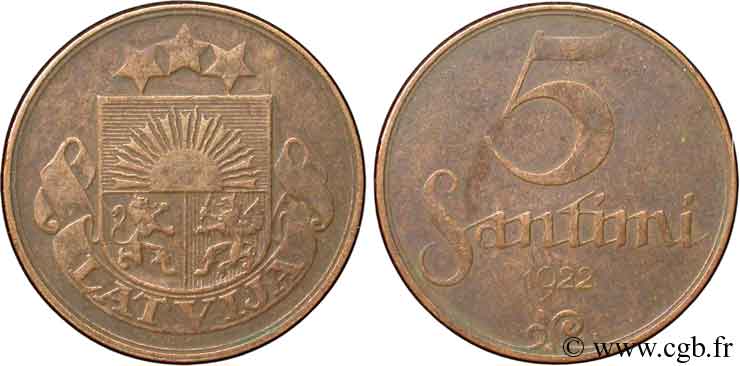LATVIA 5 Santimi emblème variété sans nom d’atelier 1922 Huguenin, Le Locle, Suisse VF 