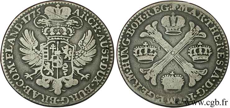 BÉLGICA - PAíSES BAJOS AUSTRíACOS 1/2 Kronenthaler Pays-Bas Autrichiens frappe au nom de Marie-Thérèse / armes 1775 Bruxelles BC+ 
