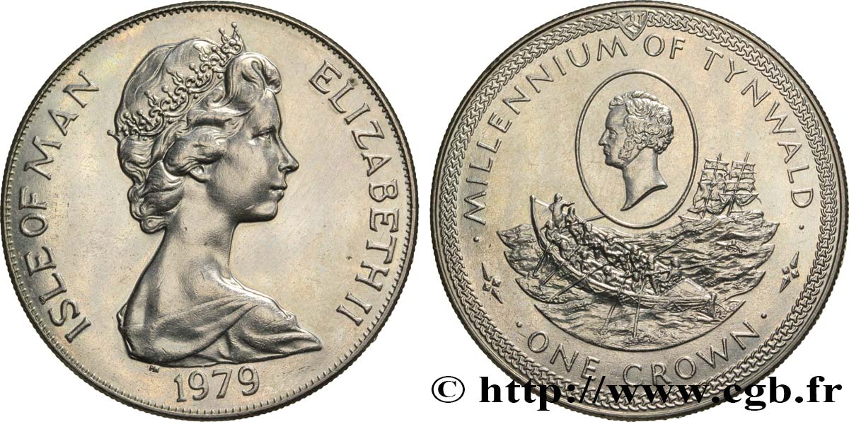 ÎLE DE MAN 1 Crown Millénaire du Tynwald (parlement) canot de sauvetage et portrait de Sir William Hillory 1979  SPL 