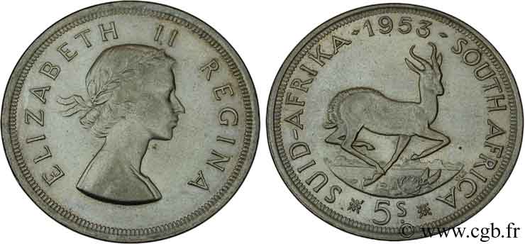 SUDÁFRICA 5 Shillings Elisabeth II / springbok 1953 Pretoria MBC 
