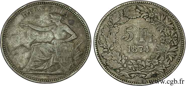 SWITZERLAND 5 Francs Helvetia assise à l’écu 1874 Bruxelles - B. VF 