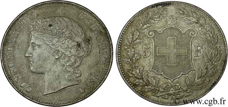 SWITZERLAND 5 Francs Helvetia buste 1890 Berne XF 