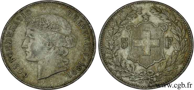 SWITZERLAND 5 Francs Helvetia buste 1891 Berne - B XF 