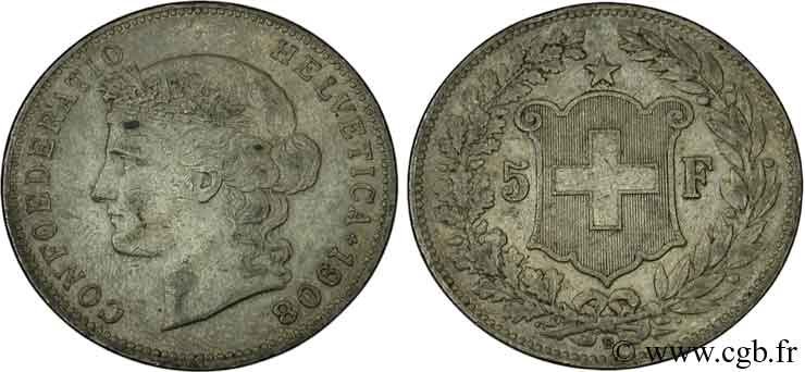 SVIZZERA  5 Francs Helvetia buste 1908 Berne - B BB 