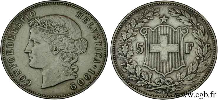 SVIZZERA  5 Francs Helvetia buste 1909 Berne BB 