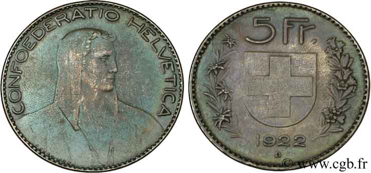 SUISSE 5 Francs berger / écu 1922 Berne - B TTB 