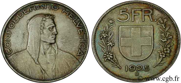 SVIZZERA  5 Francs berger / écu 1925 Berne - B BB 