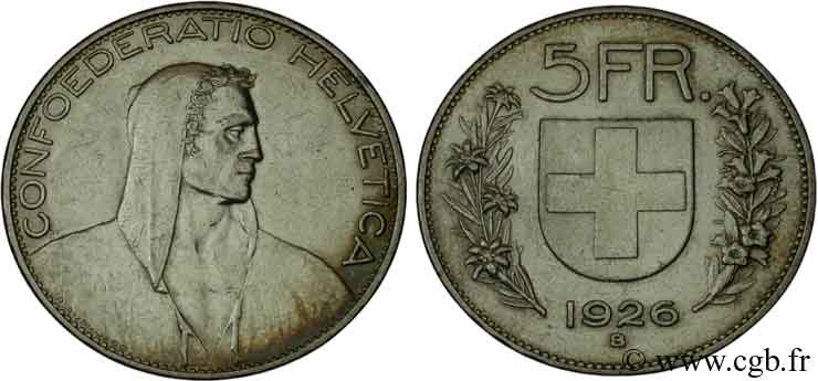 SVIZZERA  5 Francs Helvetia buste 1926 Berne - B BB 