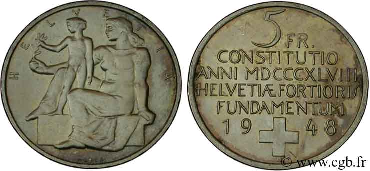 SCHWEIZ 5 Francs centenaire de la constitution suisse 1948 Berne - B fST 