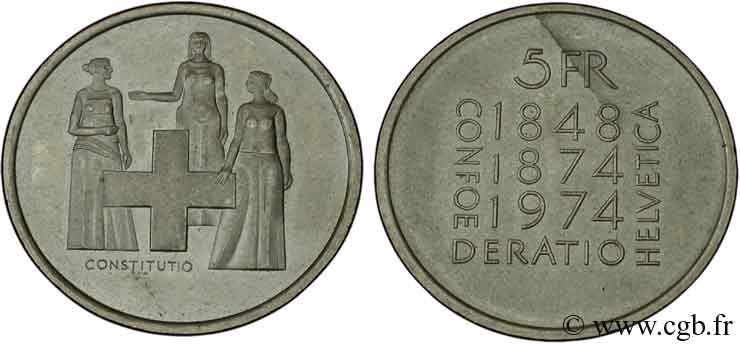 SVIZZERA  5 Francs centenaire de la révision de la constitution 1974 Berne - B SPL 