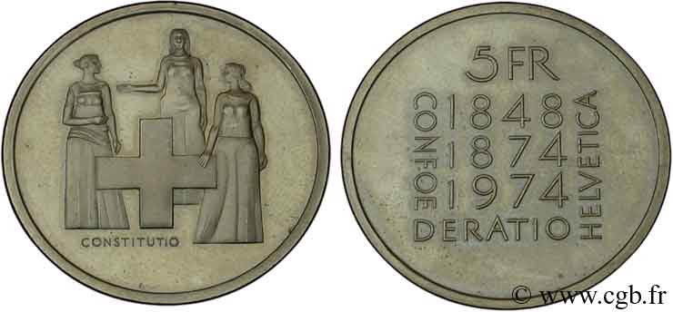 SVIZZERA  5 Francs centenaire de la révision de la constitution 1974 Berne - B SPL 