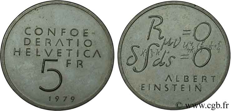 SVIZZERA  5 Francs centenaire de la naissance d’Albert Einstein, équations 1979 Berne - B SPL 