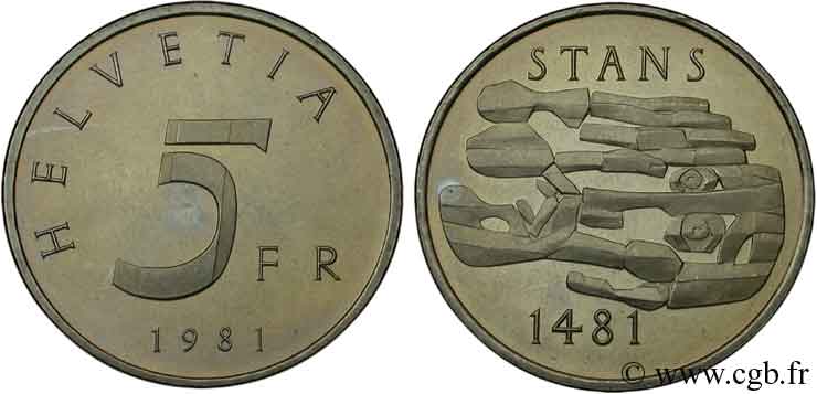 SUIZA 5 Francs 500e anniversaire du convenant de Stans 1481 1981 Berne - B EBC 