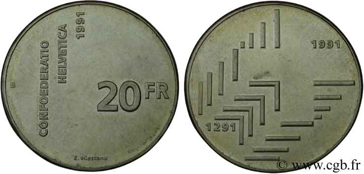 SVIZZERA  20 Francs 700e anniversaire de la confédération helvétique 1991 Berne - B SPL 