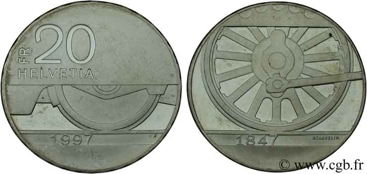 SVIZZERA  20 Francs BE 150e anniversaire des Chemins de Fer Suisses 1997 Berne - B MS 