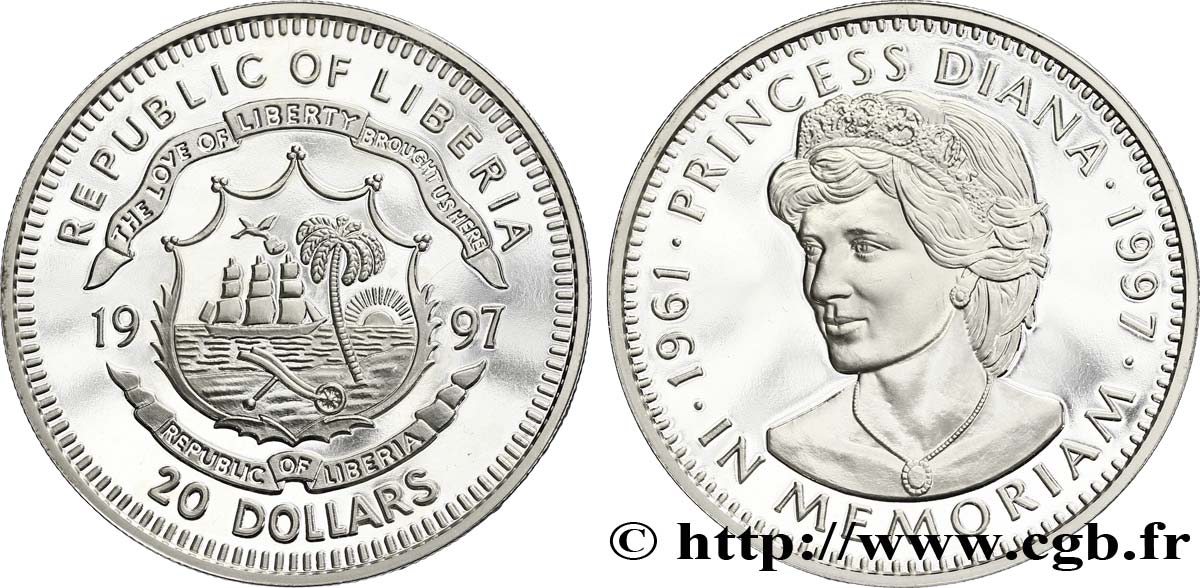 LIBERIA 20 Dollars Proof armes / Princesse Diana 1997  ST 