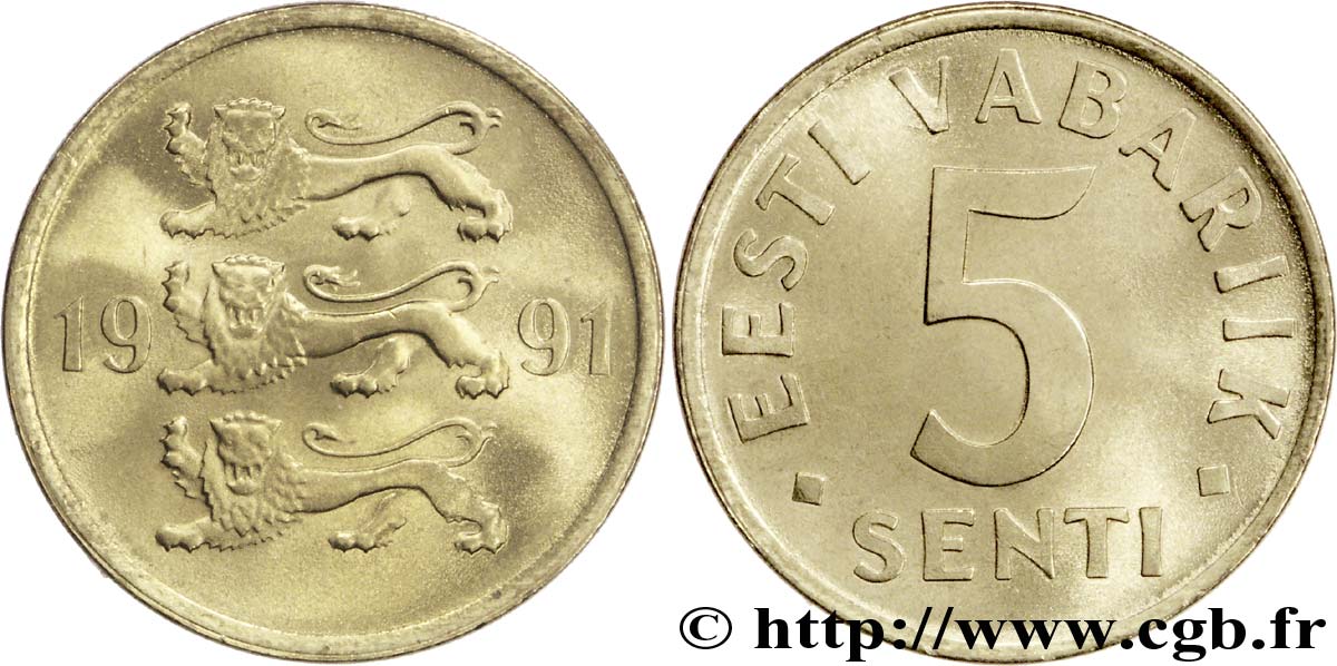 ESTONIA 5 Senti emblème aux 3 lions 1991  MS 