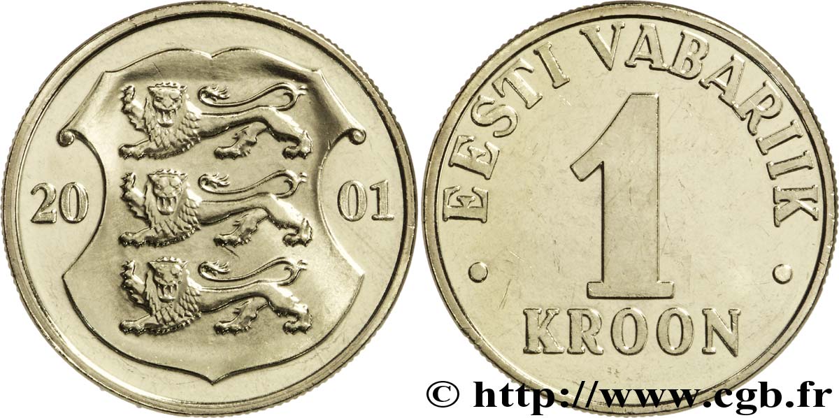 ESTONIA 1 Kroon emblème aux 3 lions 2001  MS 