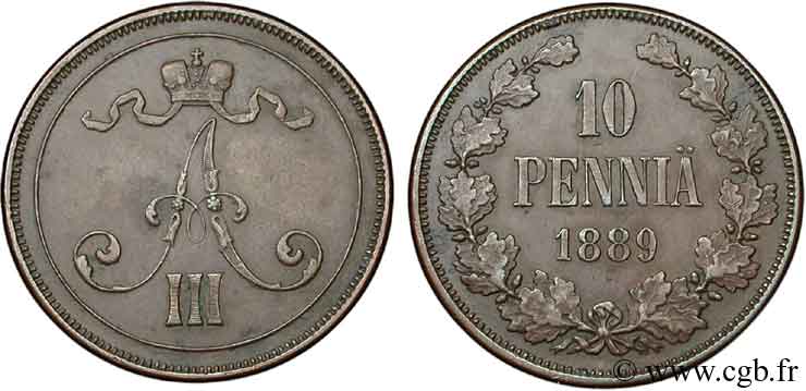 FINLANDIA 10 Pennia monogramme Tsar Alexandre III 1889  SPL 