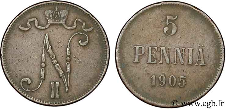 FINLANDIA 5 Pennia monogramme Tsar Nicolas II 1905  BB 