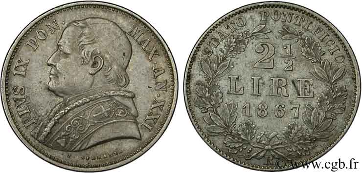 VATICANO Y ESTADOS PONTIFICIOS 2 1/2 Lire Pie IX an XXI 1867 Rome EBC 