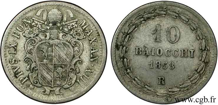 VATICAN AND PAPAL STATES 10 Baiocchi Pie IX 1858  Rome XF 