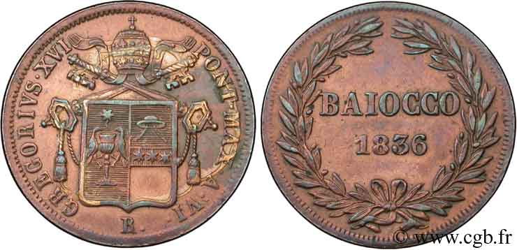 VATICAN AND PAPAL STATES 1 Baiocco frappé au nom de Grégoire XVI 1836 an VI Rome AU 