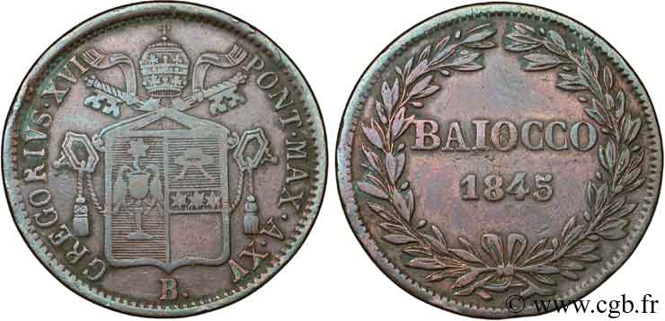 VATICAN AND PAPAL STATES 1 Baiocco armes du vatican frappé au nom de Grégoire XVI 1845 an XV Bologne - B VF 