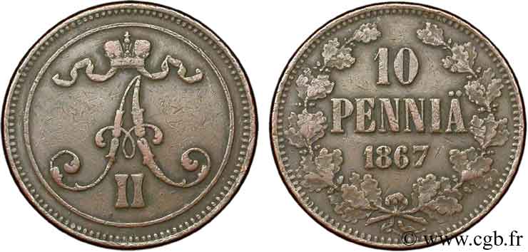 FINLANDIA 10 Pennia monogramme Tsar Alexandre II 1867  BC+ 