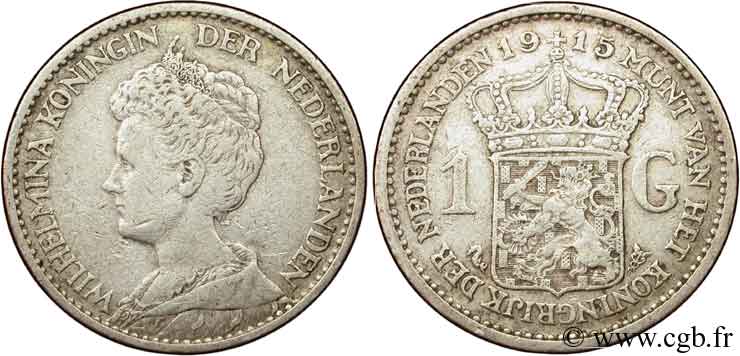 NETHERLANDS 1 Gulden Wilhelmina 1915  VF 