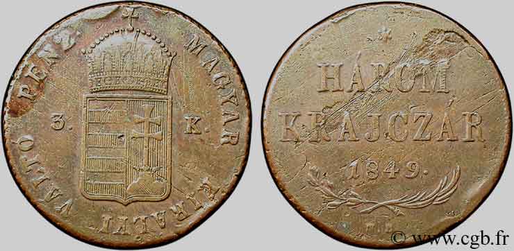 HUNGARY 3 Krajczar monnayage de la guerre d’indépendance 1849  VF 