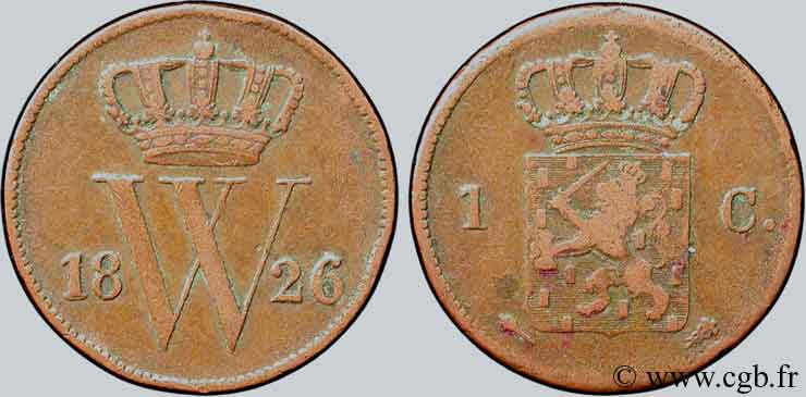 NETHERLANDS 1 Cent  emblème monogramme de Guillaume Ier 1826 Utrecht VF 