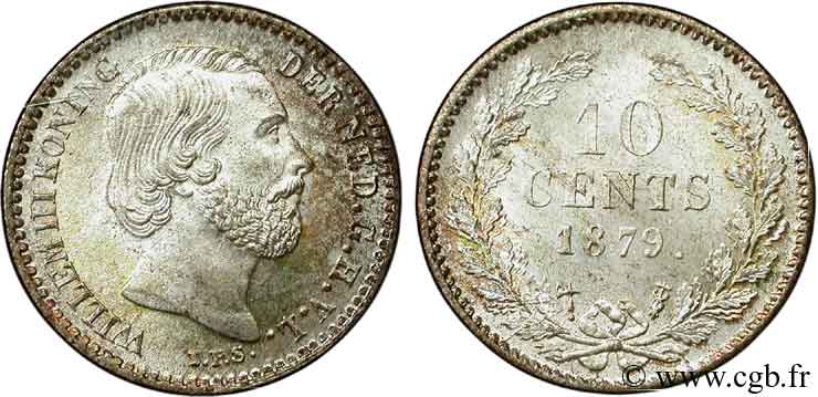 NETHERLANDS 10 Cents Guillaume III 1879 Utrecht MS 