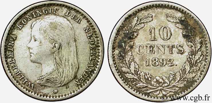 NETHERLANDS 10 Cents Wilhelmine 1892 Utrecht XF 