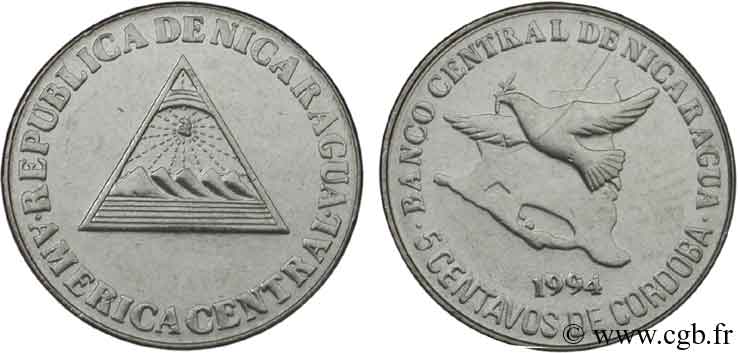NICARAGUA 5 Centavos emblème / carte du pays et colombe de la paix 1994  SC 