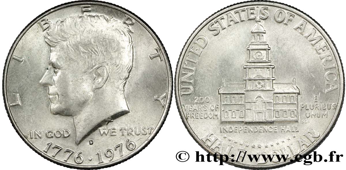 VEREINIGTE STAATEN VON AMERIKA 1/2 Dollar Kennedy / Independence Hall bicentennaire 1976 Denver VZ 