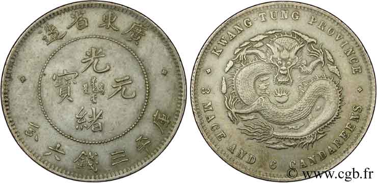 CHINA 50 Cents province de Kwangtung empereur Kuang Hsü, dragon 1890-1908 Guangzhou (Canton) AU 