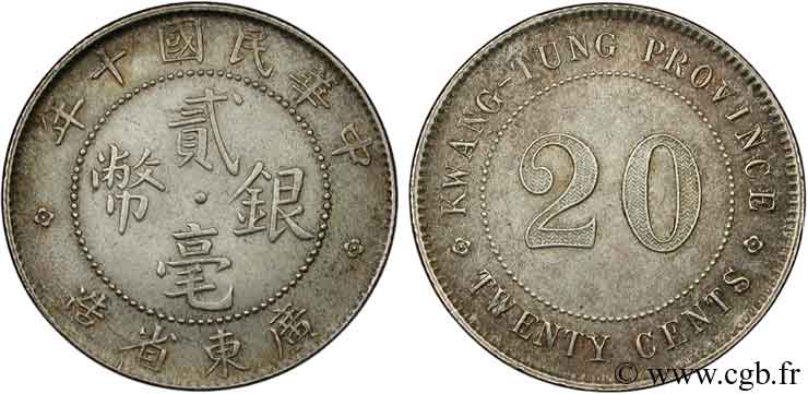 CHINA 20 Cents  province de Kwangtung  an 10 de la République 1921 Guangzhou (Canton) VZ 