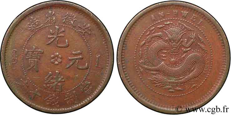 CHINA 10 Cash province de An-Hwei empereur Kuang Hsü, dragon 1902-1908 Anking fVZ 