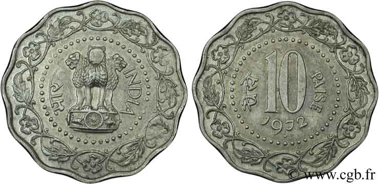 INDIA 10 Paise symbole aux trois lions 1972  XF 