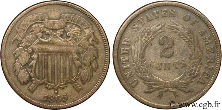 ESTADOS UNIDOS DE AMÉRICA 2 Cents Bouclier 1865 Philadelphie BC+ 