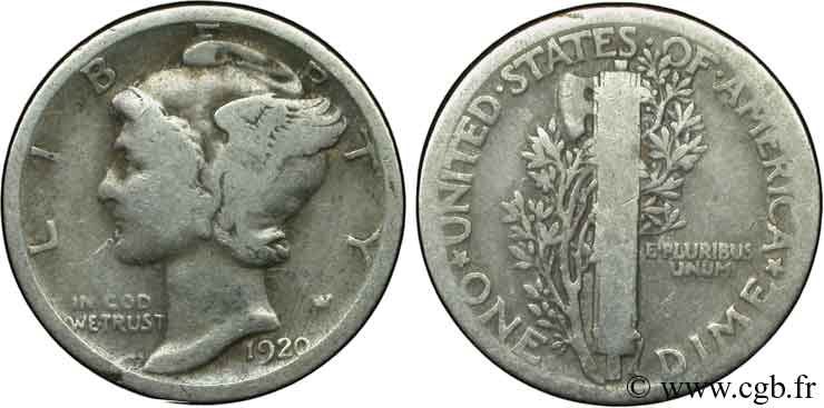 ESTADOS UNIDOS DE AMÉRICA 10 Cents Mercure 1920 Philadelphie BC 