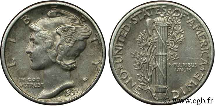 STATI UNITI D AMERICA 10 Cents Mercure 1937 Philadelphie SPL 