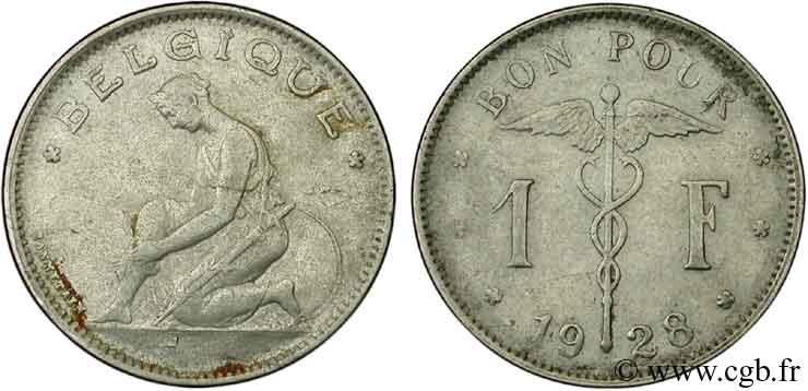 BELGIQUE Bon pour 1 Franc légende française 1928  TTB 