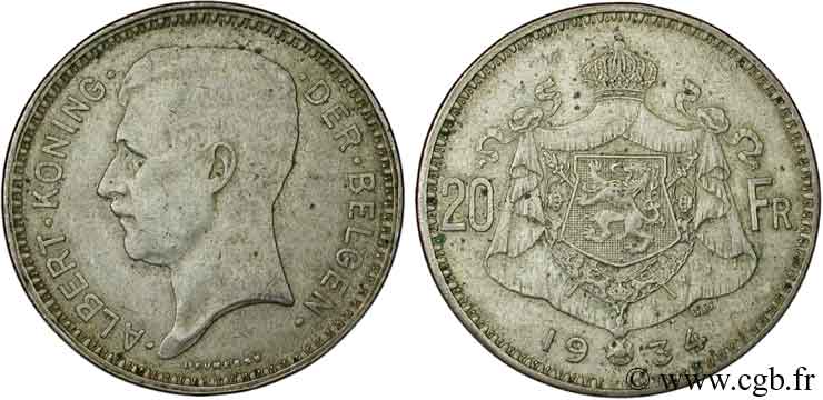 BELGIUM 20 Francs Albert Ier légende Flamande position A 1934  XF 