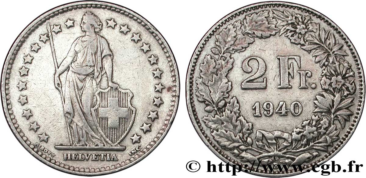 SWITZERLAND 2 Francs Helvetia 1940 Berne - B XF 
