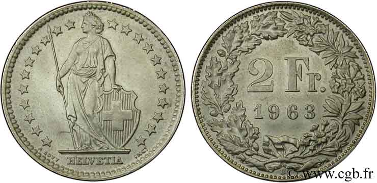 SUIZA 2 Francs Helvetia 1963 Berne - B EBC 