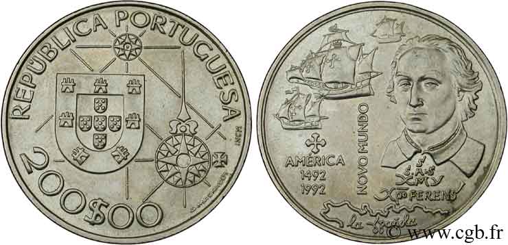 PORTUGAL 200 Escudos 500e anniversaire découverte de l’Amérique, Colomb et ses navires 1992  VZ 